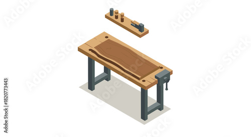 Isometric wooden workbench with tools in carpentry workshop