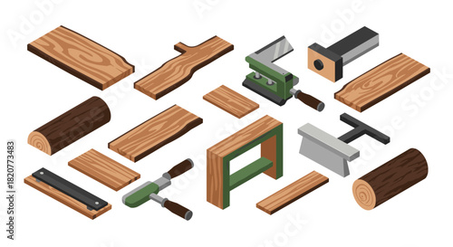 Isometric woodworking tools and materials set for carpentry projects