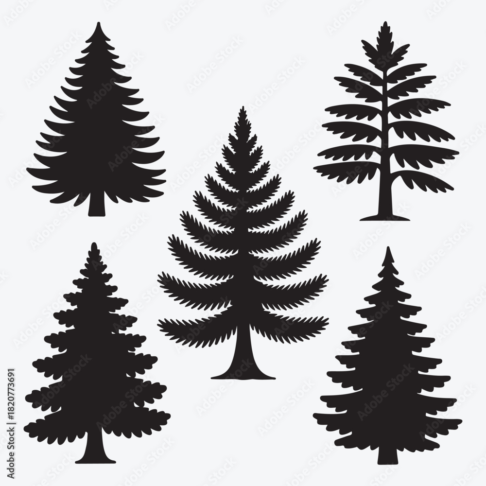 Obraz premium Set of green winter holiday fir trees illustration pattern with snow decoration