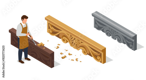 Isometric woodworking scene with craftsman carving decorative wooden panels