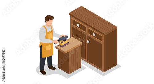 Carpenter sanding wood furniture in workshop isometric illustration
