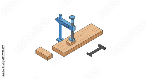Isometric woodworking clamp with wood planks and tool in workshop setting