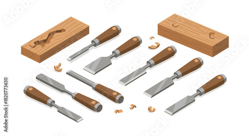Isometric set of wood carving chisels and timber blocks for craft and carpentry projects