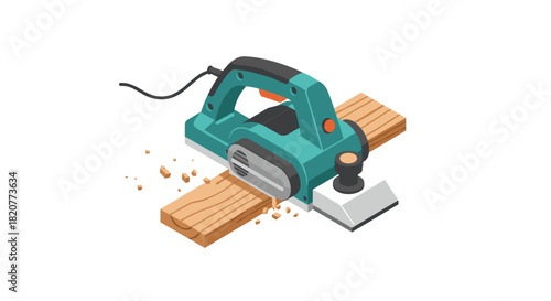 Isometric electric planer on wood plank with shavings