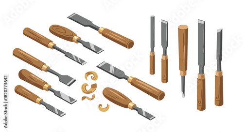 Detailed set of isometric woodworking chisels and carving tools with wooden handles