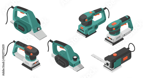 Isometric set of electric hand sanders in green and black for woodworking projects
