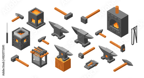 Isometric blacksmith tools and forge elements for crafting enthusiasts