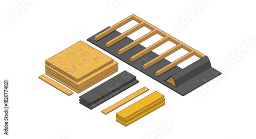 Isometric construction materials set featuring wooden beams and panels