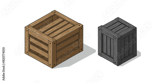 Isometric wooden crates: rustic and industrial designs for storage