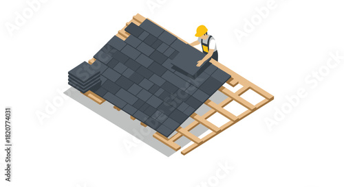 Isometric worker installing roof shingles on wooden structure