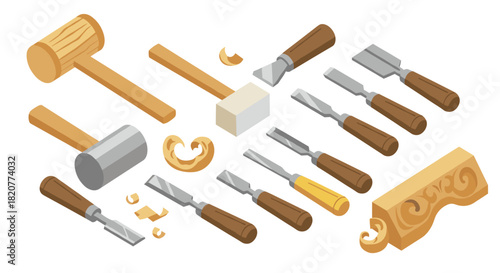 Isometric woodworking tools with carved block and shavings