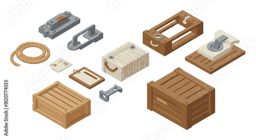 Isometric wooden crates and packing tools set for industrial and shipping use