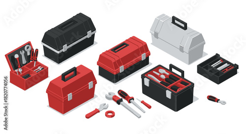 Isometric toolboxes and tools set in red, black, and white