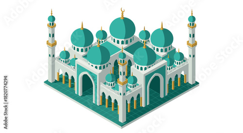 Isometric mosque architecture with turquoise domes and minarets in 3d design