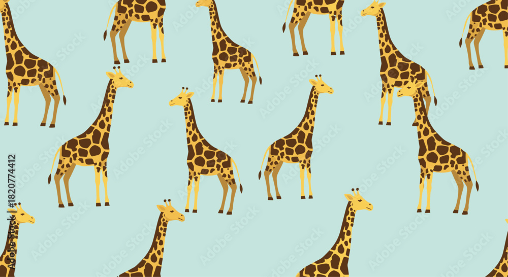 Obraz premium Delightful seamless pattern showcasing numerous tall giraffes with distinctive spot patterns, standing gracefully on a light blue background.