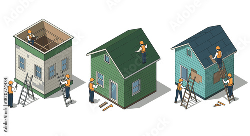 Isometric house construction set featuring workers painting and building