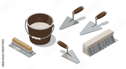 Isometric construction tools set with trowels and bucket on white background
