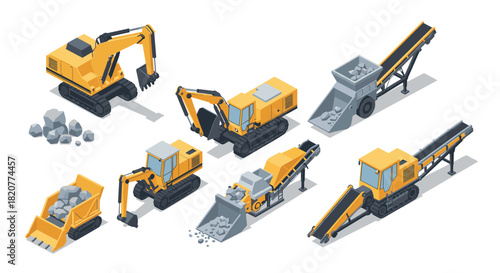 Isometric construction machinery set featuring excavators and conveyors