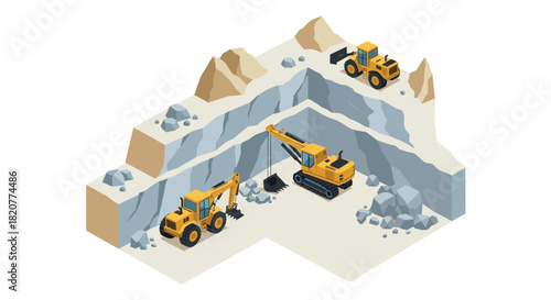 Isometric construction site with excavators and bulldozer in quarry setting