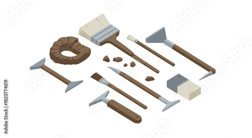 Archaeological tools isometric set for excavation and restoration projects