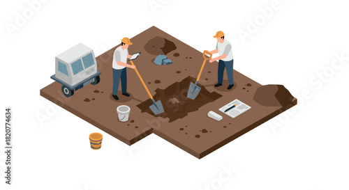 Isometric archaeology excavation scene with workers and equipment