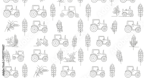 Intricate seamless pattern featuring outline illustrations of agricultural tractors and wheat stalks, symbolizing farming and harvest, on a white background.