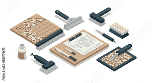 Isometric mosaic restoration tools with tiles, brushes, and sketchpad for craft enthusiasts