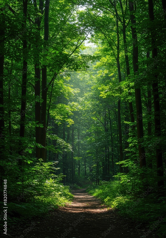 Fototapeta premium A peaceful, deep emerald forest view, showcasing dense, untouched foliage and dappled sunlight filtering through the canopy ,remote ,sunbeam ,deep