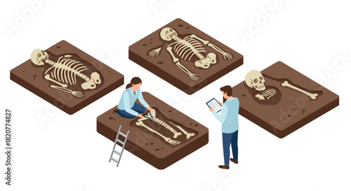 Archaeologists analyzing ancient skeletons on excavation site