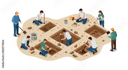 Archaeological excavation site with workers and tools in isometric view