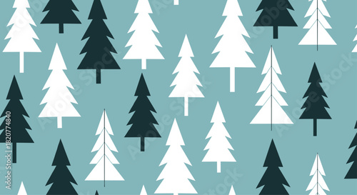 Charming seamless pattern featuring various stylized evergreen trees in contrasting black and white, set against a soft blue background.