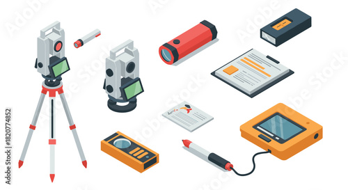 Isometric surveying equipment tools and documents set in modern style