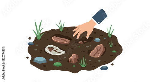 Discovering fossils in soil with hand digging in a simple flat design