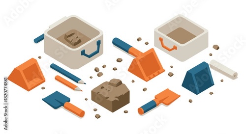 Creative sandbox tools and toys in isometric 3d for kids' playtime fun