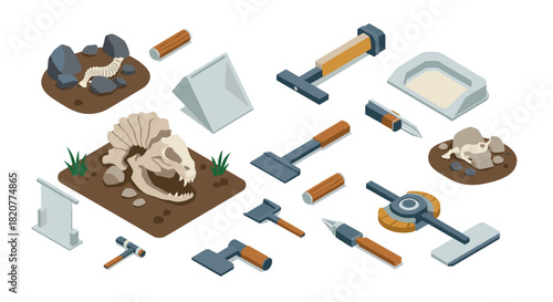 Isometric archaeology tools and dinosaur fossil scene for excavation projects