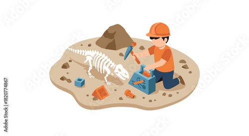 Isometric archaeologist discovering dinosaur fossil in sandbox scene