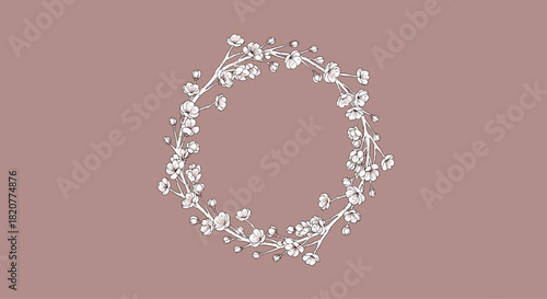 Beautiful circular wreath meticulously crafted from delicate white cherry blossom branches and buds, set against a soft dusty pink background.