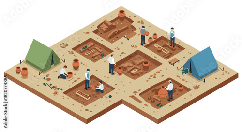 Archaeological site exploration: isometric digging scene with artifacts and tents