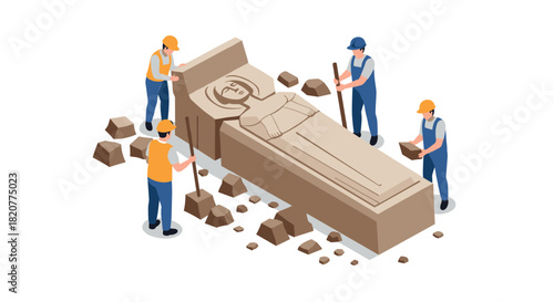 Workers carving stone sculpture: isometric art of craftsmen at work