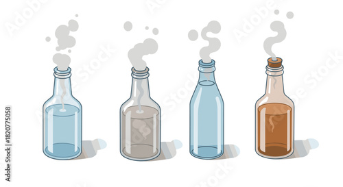 Set of four empty glass bottles with smoke on white background in cartoon style