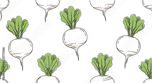 Vibrant seamless pattern showcasing an array of fresh white radishes with green leaves, scattered playfully on a white background.