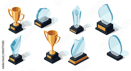 Isometric trophy and award collection with glass and gold elements for competitions and events