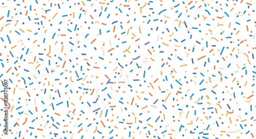 Lively seamless pattern composed of numerous scattered dots and dashes in bright, cheerful colors, creating a playful confetti effect on a white background.