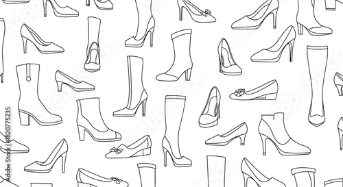 Comprehensive seamless pattern showcasing various women's footwear including high heels, boots, and flats, in clean outline style on a white background.