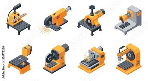 Set of isometric workshop machines and tools in modern industrial design