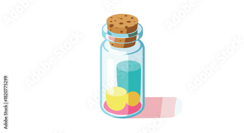 Isometric glass bottle with cork and colorful capsules on white background