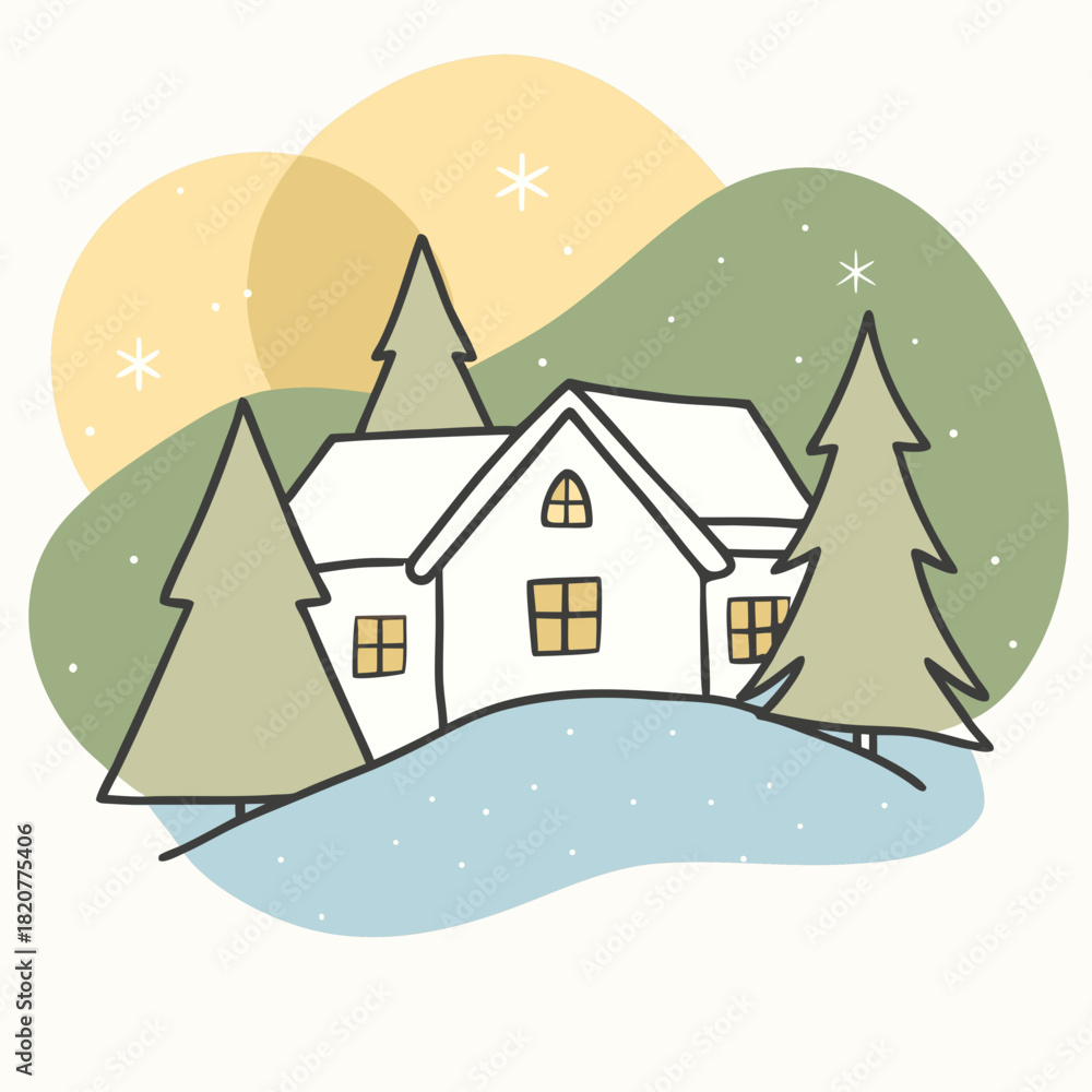 Fototapeta premium Cozy winter scene with snow covered house and pine trees under a soft yellow sky