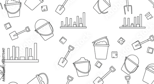 Playful seamless pattern featuring outline illustrations of buckets, shovels, and sandcastle molds, evoking summer beach fun on a white background.