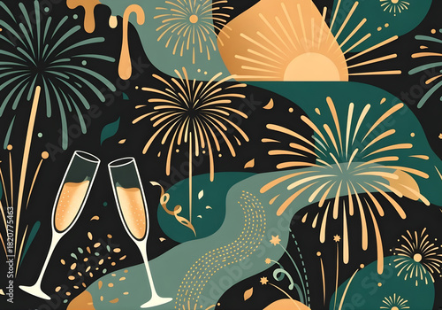 Abstract Organic Pattern with Fireworks, Champagne Glasses, and Sunrise Motif in Bold Gold and Forest Green