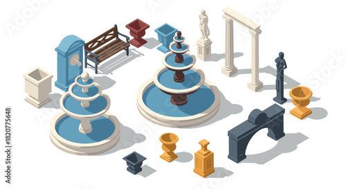 Isometric garden elements with fountains, statues, and architectural features